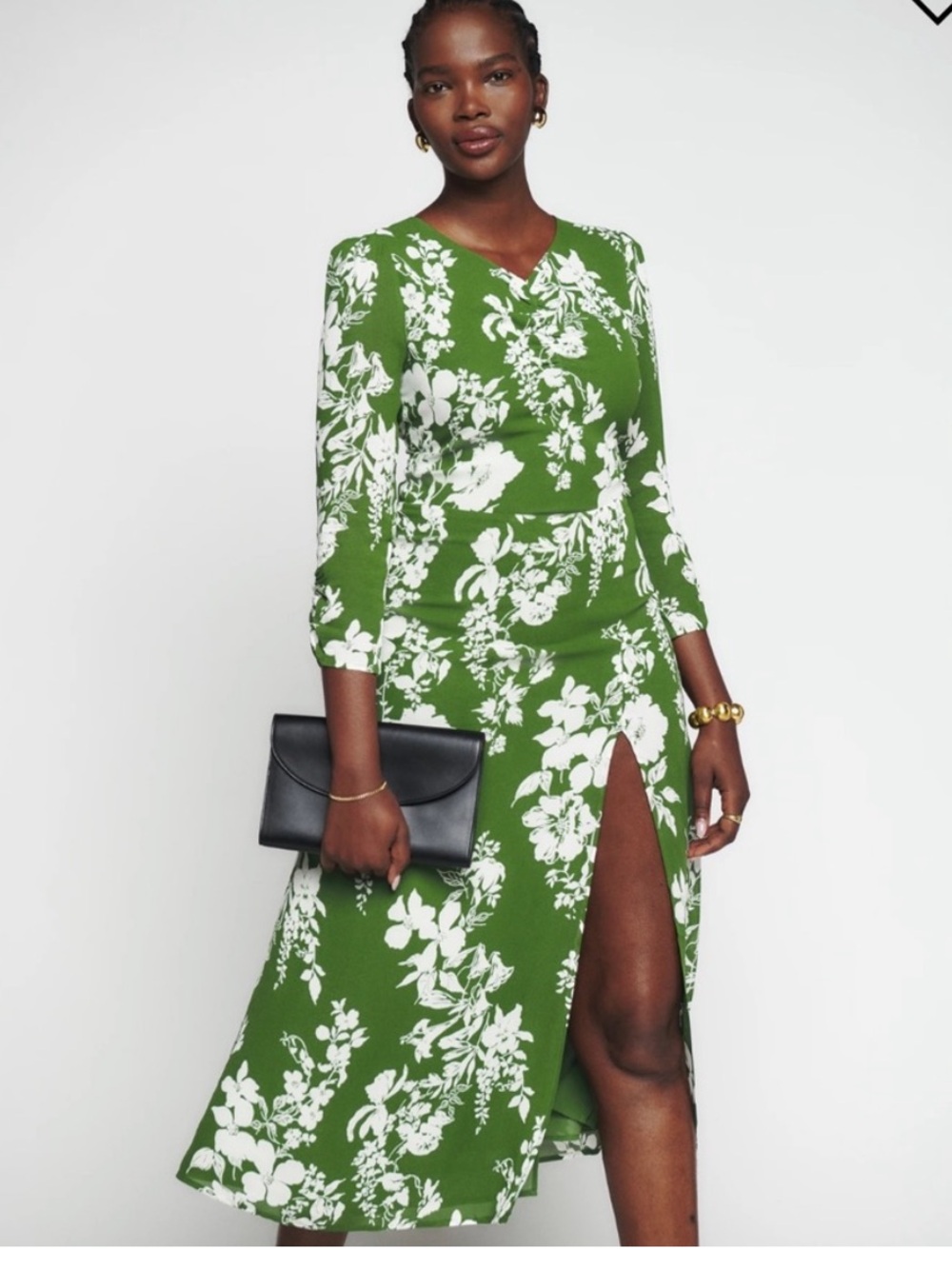 Reformation Mystique Green and White Floral V-Neck Midi Dress with Front Slit